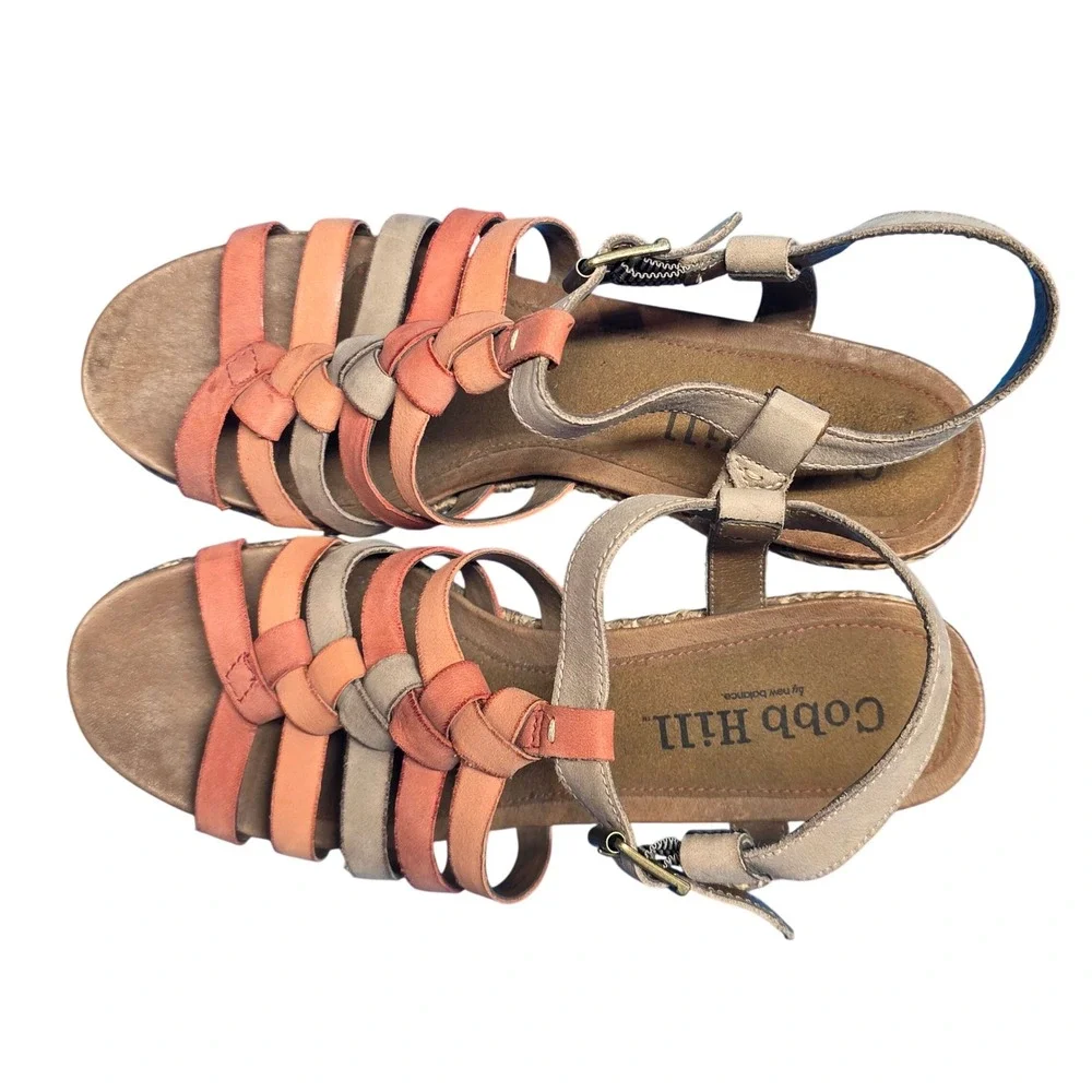 Cobb‎ Hill Women Size 7.5 Colorful Woven Strap Sandals Wedge Heel Buckle Summer